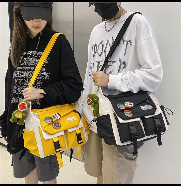 No pendant Harajuku Men‘s Nylon Crossbody Bags for Women Messenger Bag Girls School Book Bags Youth Canvas Handbags Shoulder Bag badge RANDOM