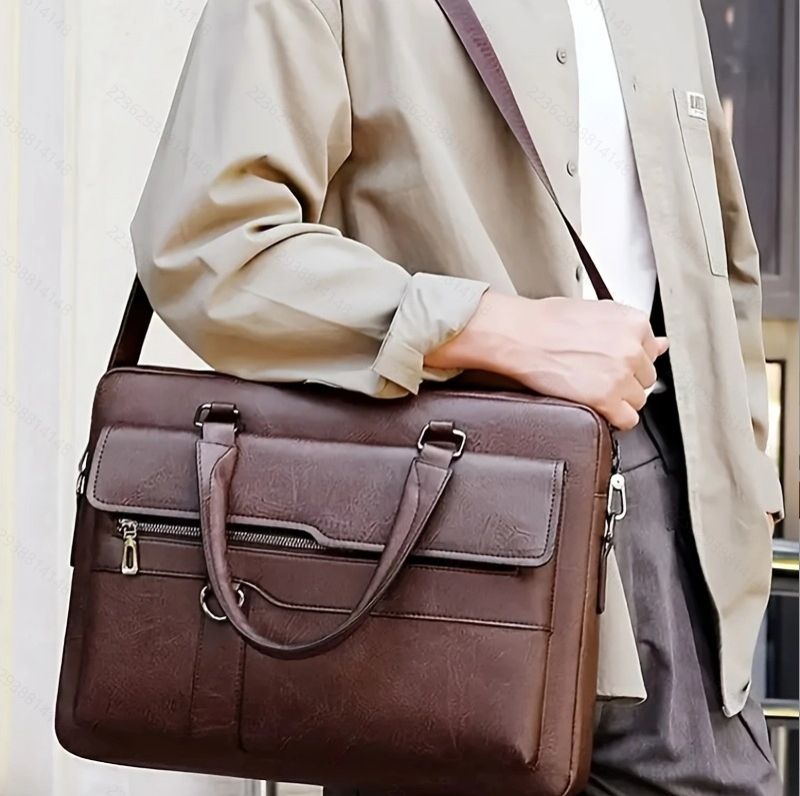 Luxury Men's Handbag PU Leather Briefcase for Laptop Messenger Shoulder Bag Business Portfolio For A4 Document 14 Inch Laptop Bag Office Handbag