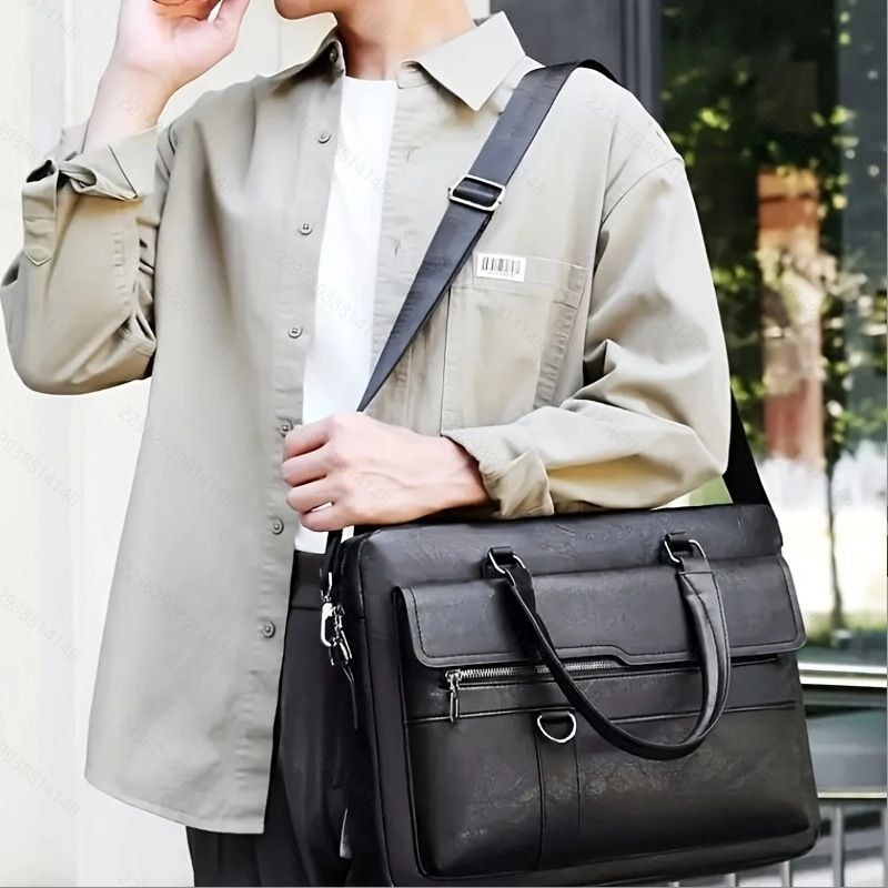 Luxury Men's Handbag PU Leather Briefcase for Laptop Messenger Shoulder Bag Business Portfolio For A4 Document 14 Inch Laptop Bag Office Handbag