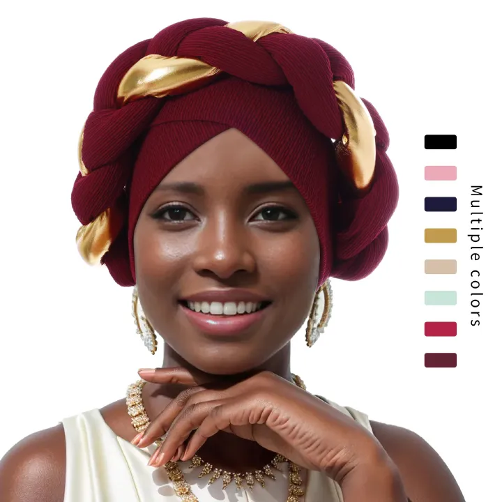 Golden Big Braid Turban Hat Head Wraps Boho Beanies Elastic Bandana Chemo Cap Bonnet Lady Party Headpiece For wedding