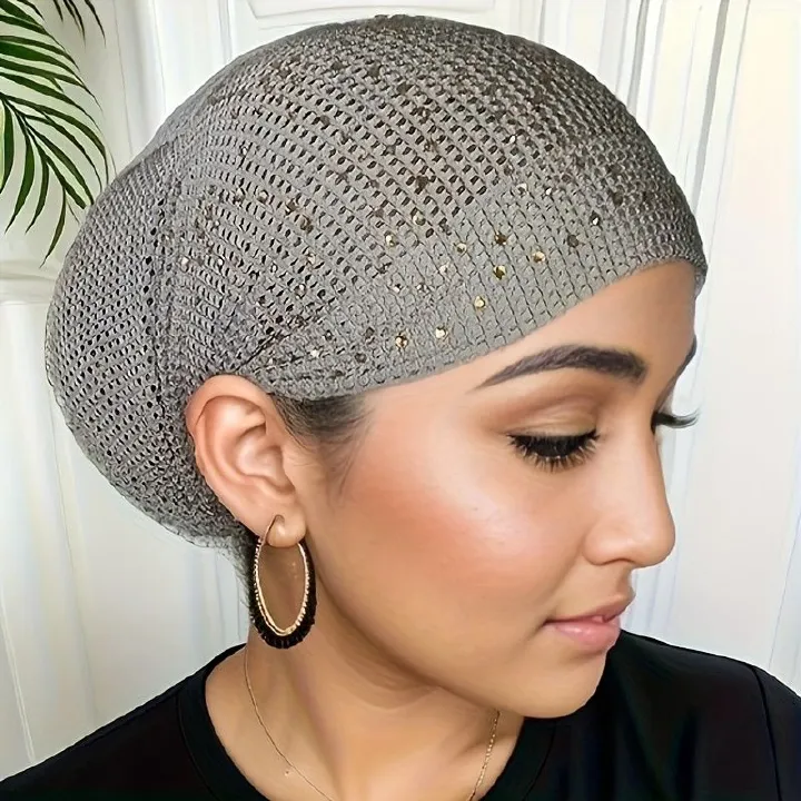 Breathable Mesh Knit Beanie Rhinestone Turban Hat | Elastic Women Summer Lace Head Cover Cap | Muslim Headscarf Bonnet Lady Hair Loss Hat