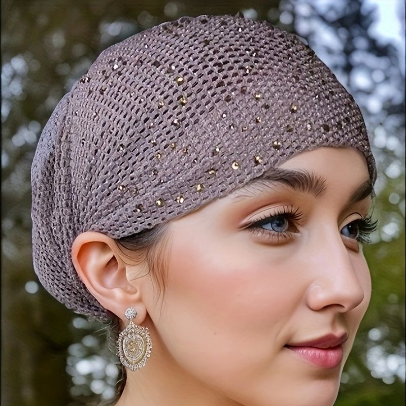 Breathable Mesh Knit Beanie Rhinestone Turban Hat Elastic Women Summer Lace Head Cover Cap Muslim Headscarf Bonnet Lady Hair Loss Hat