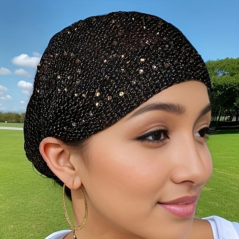 Breathable Mesh Knit Beanie Rhinestone Turban Hat Elastic Women Summer Lace Head Cover Cap Muslim Headscarf Bonnet Lady Hair Loss Hat