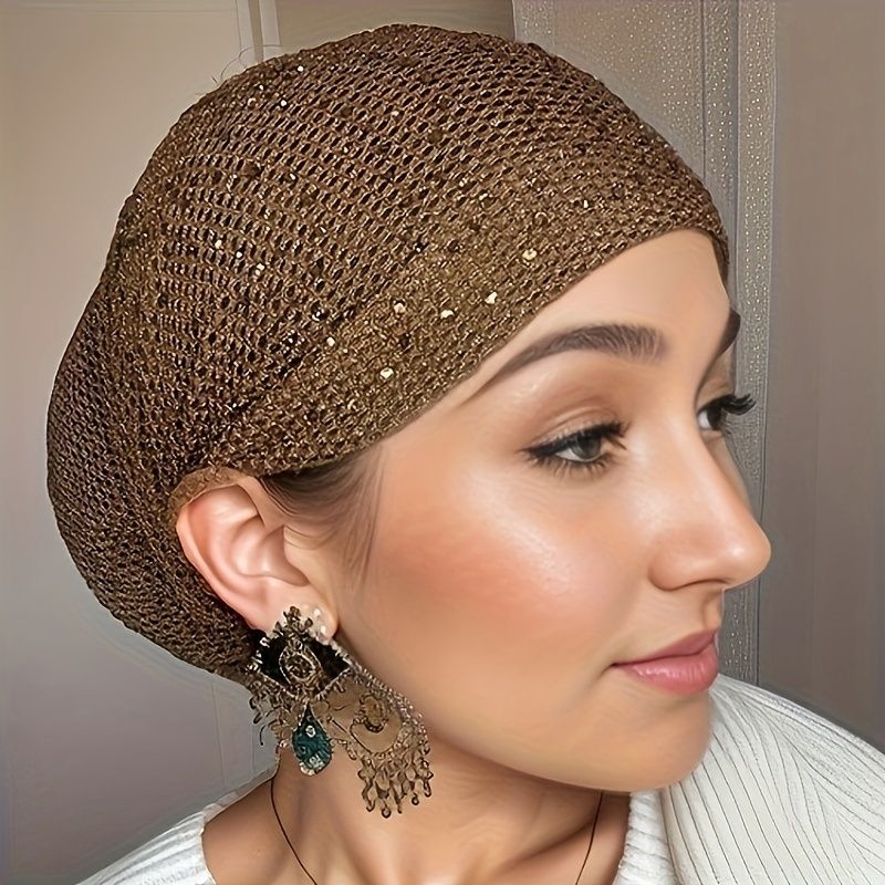 Breathable Mesh Knit Beanie Rhinestone Turban Hat Elastic Women Summer Lace Head Cover Cap Muslim Headscarf Bonnet Lady Hair Loss Hat