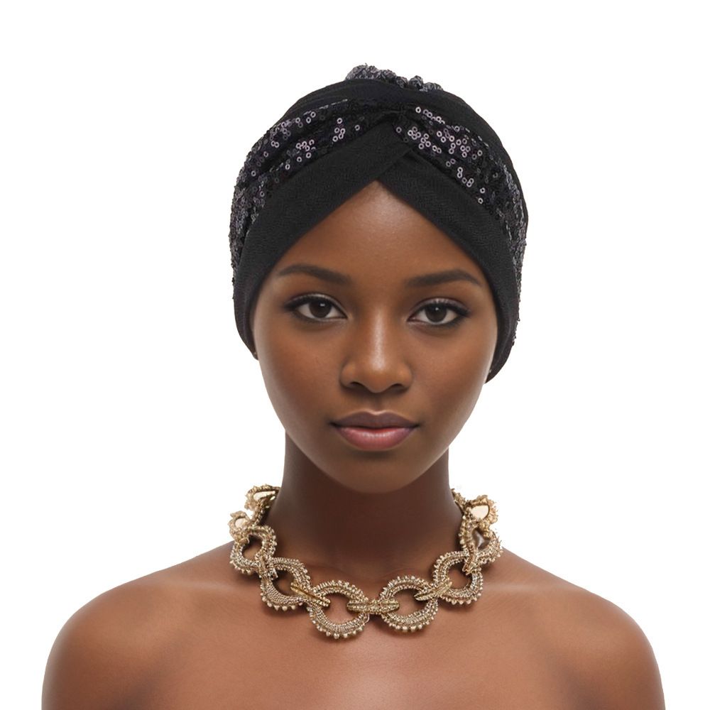 Women's Color Block Glitter Sequins Braid Turbans Cap Indian Muslim Hat Elegant Head Wraps for women African Headtie Ramadan Beanies Chemo Cap