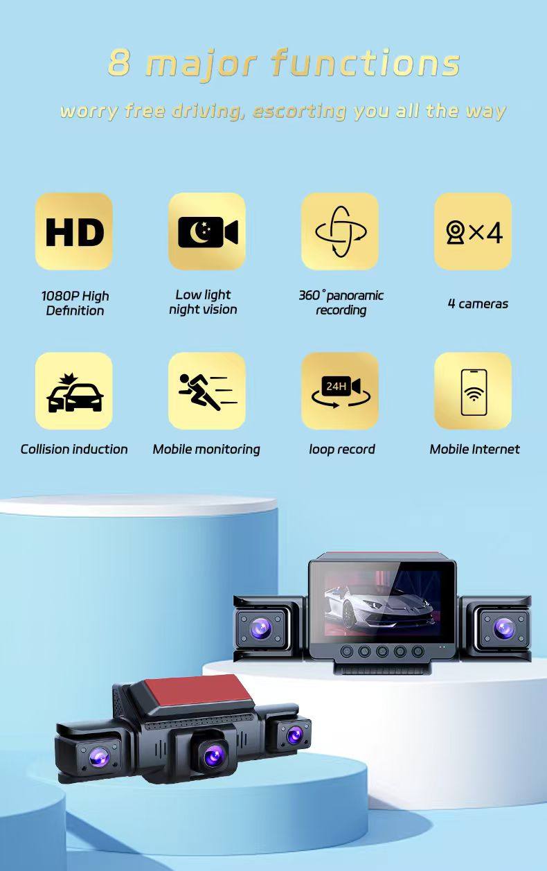 Mini WIFI 4 Channel 1080P 360 CarDash Camera 8 Infrared Light Night Vision 170 Degree with Rear Lens Car DVR 24H Parking Monitor