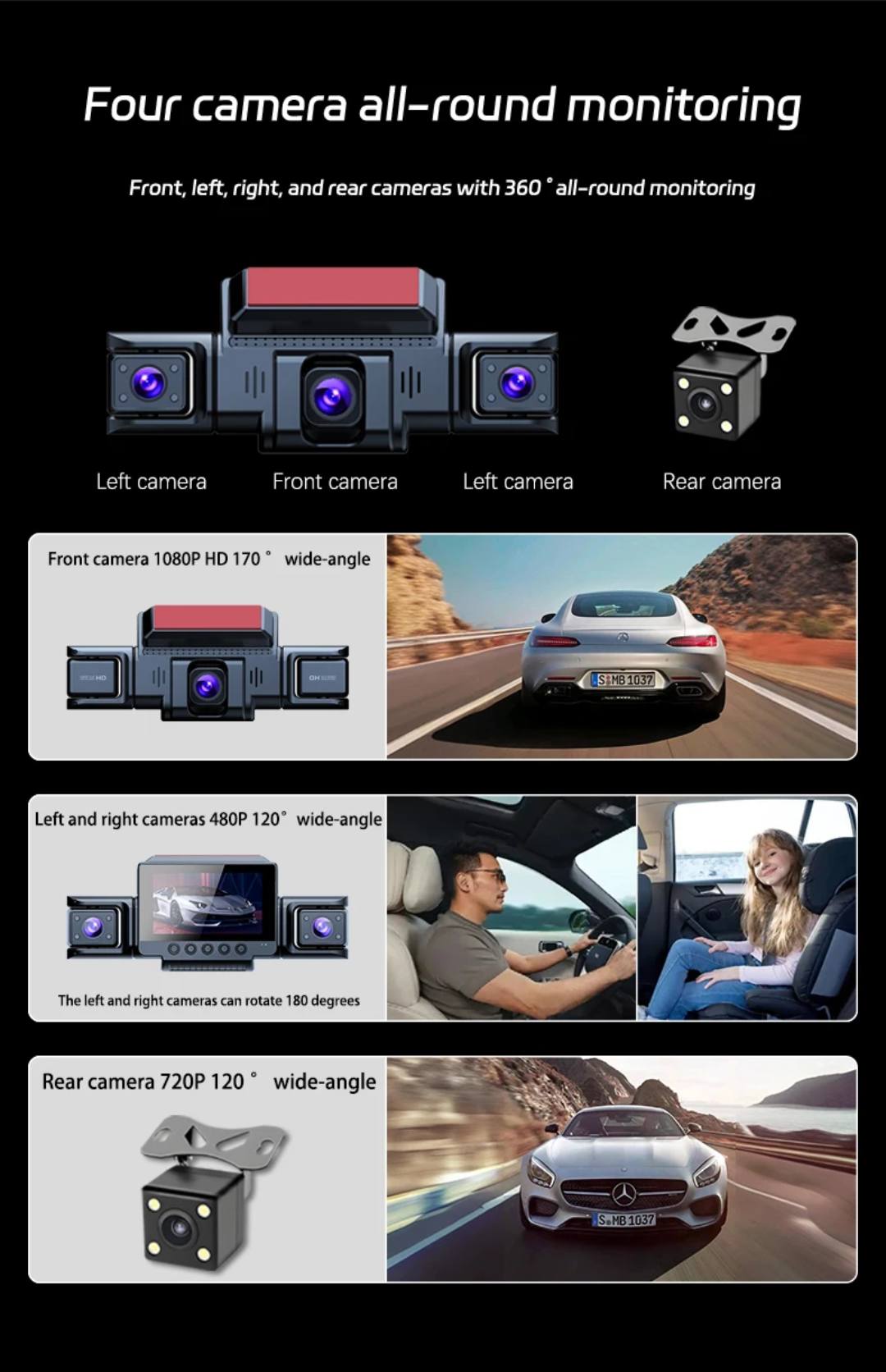 Mini WIFI 4 Channel 1080P 360 CarDash Camera 8 Infrared Light Night Vision 170 Degree with Rear Lens Car DVR 24H Parking Monitor