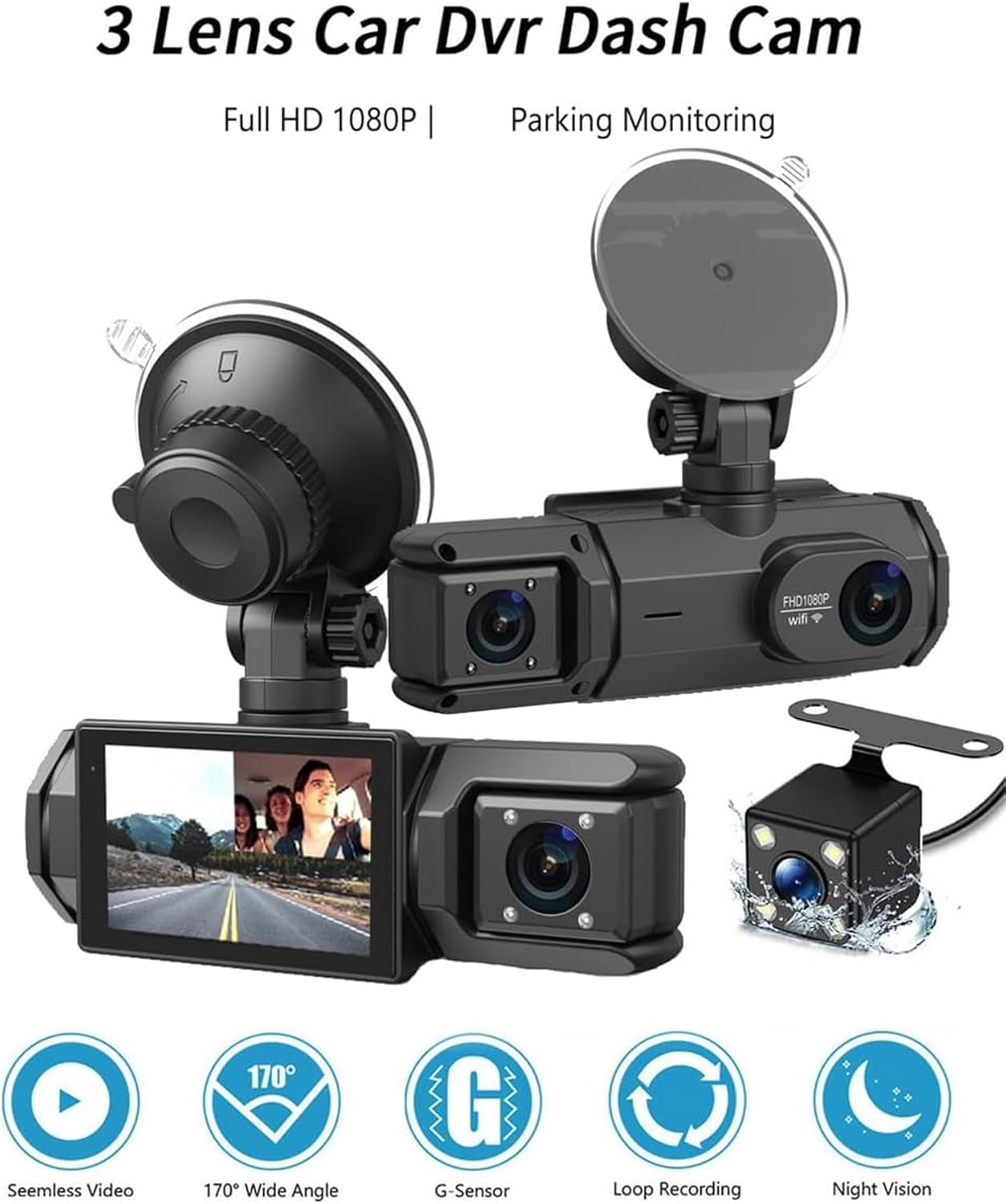 High Quality Full Hd 1080P 3 Lens Camera Dashcam Wifi Car Dvr 3 in 1 Front and Back Dash Cam Cameras for Car