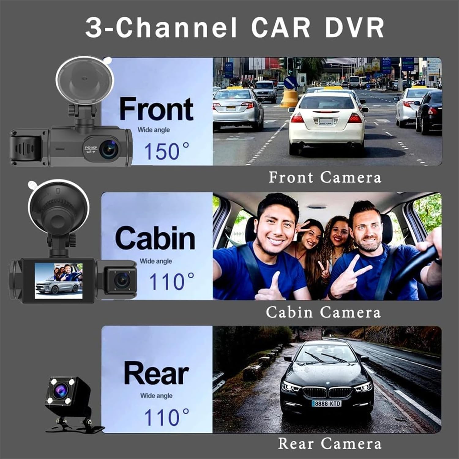 High Quality Full Hd 1080P 3 Lens Camera Dashcam Wifi Car Dvr 3 in 1 Front and Back Dash Cam Cameras for Car