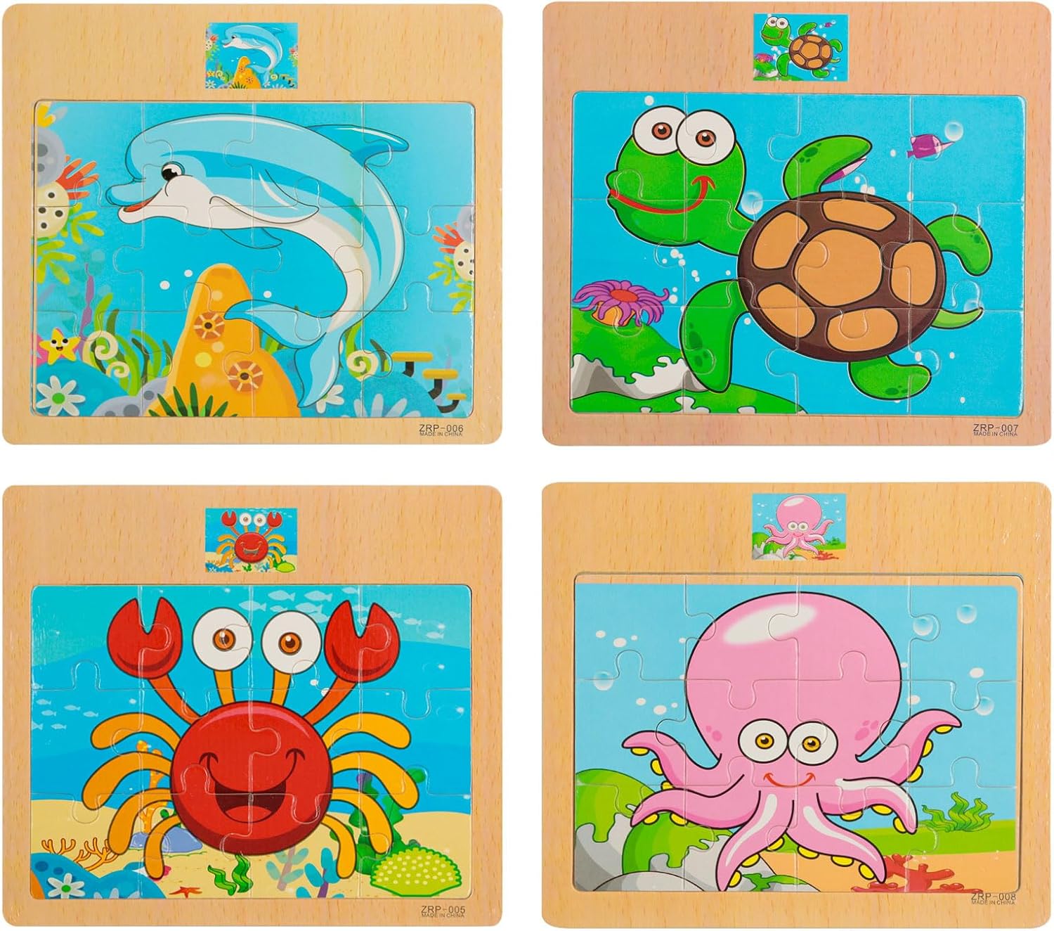 Wooden Jigsaw Puzzles Set for Kids 2-5 Years 12 Piece Colorful Wooden Educational Sea Animals Puzzles (4 Puzzles)