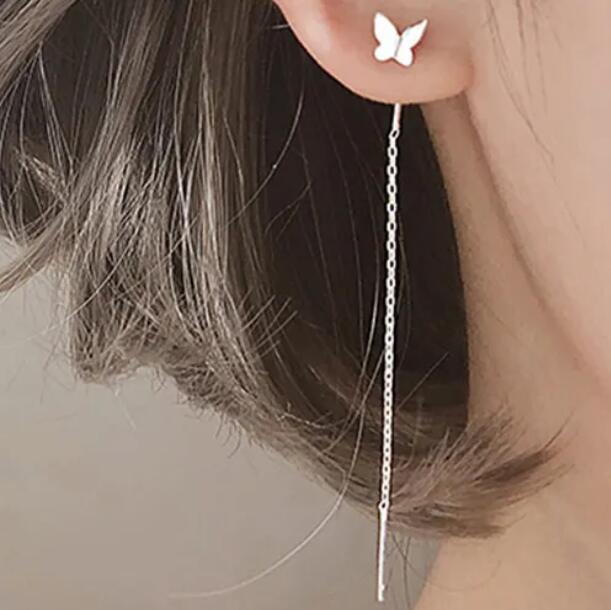 JC new earrings women Small Butterfly Earrings  Silver needle Butterfly romantic tassel stud earrings fairy temperament long pendant  Plated Long Tassel Earrings For Girls