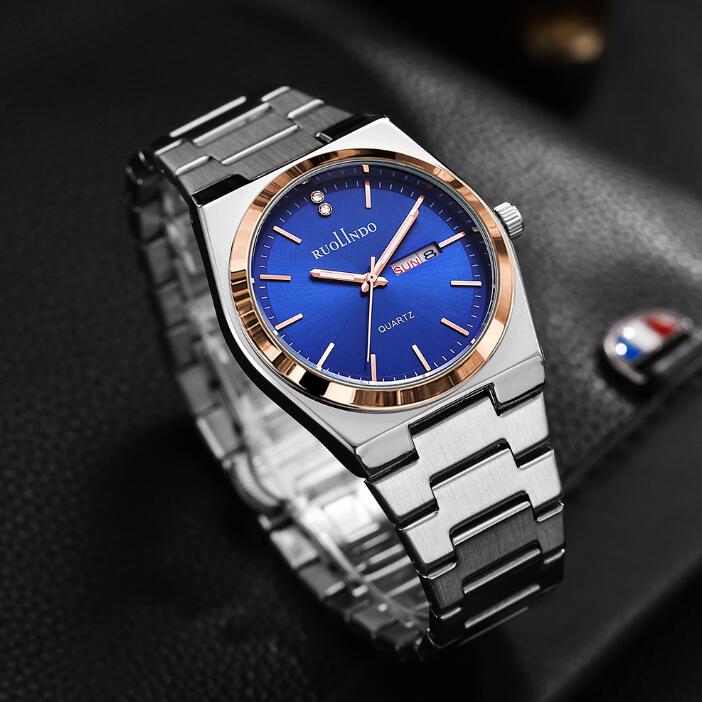 2025 RUOLLNDO New Hot Silver Blue Luxury MEN Watches for Man Sport Men Quartz Watches Waterproof Luminous Stainless Steel Men's Clock Reloj