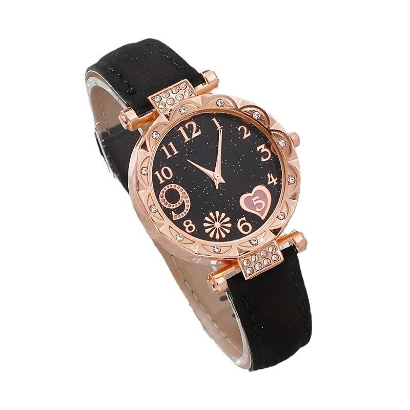 Hot 6PCS/Set Watch for Women watches Luxury Leather Analog Ladies Quartz Wrist Watch Women's Elegant Heart Rhinestone Quartz Watch PU