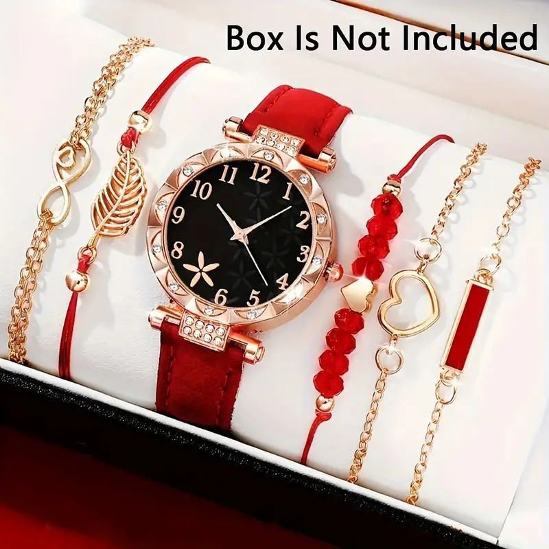 Hot 6PCS/Set Watch for Women watches Luxury Leather Analog Ladies Quartz Wrist Watch Women's Elegant Heart Rhinestone Quartz Watch PU