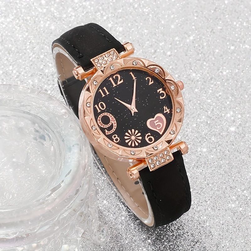 Hot 6PCS/Set Watch for Women watches Luxury Leather Analog Ladies Quartz Wrist Watch Women's Elegant Heart Rhinestone Quartz Watch PU
