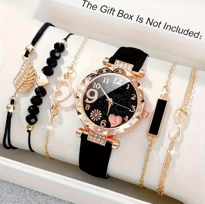 Hot 6PCS/Set Watch for Women watches Luxury Leather Analog Ladies Quartz Wrist Watch Women's Elegant Heart Rhinestone Quartz Watch PU