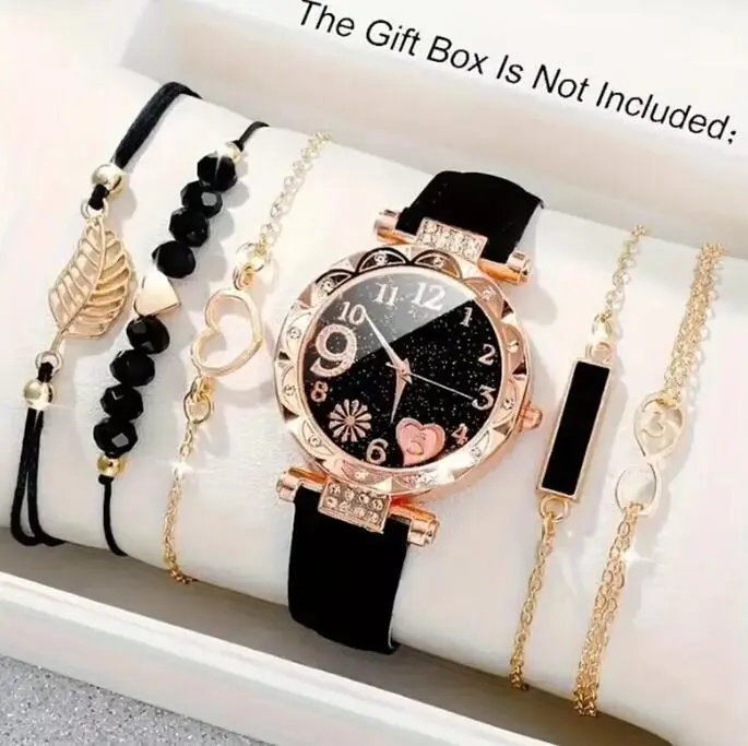 Hot 6PCS/Set Watch for Women watches Luxury Leather Analog Ladies Quartz Wrist Watch Women's Elegant Heart Rhinestone Quartz Watch PU