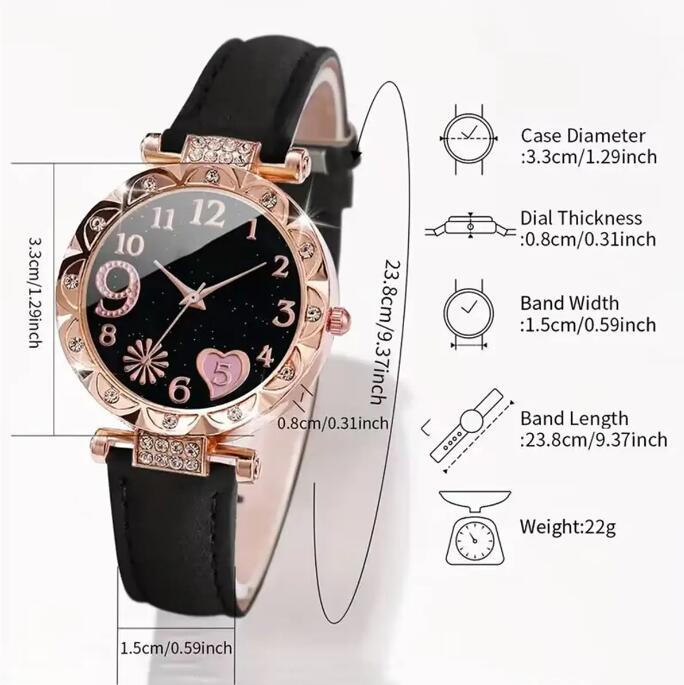 Hot 6PCS/Set Watch for Women watches Luxury Leather Analog Ladies Quartz Wrist Watch Women's Elegant Heart Rhinestone Quartz Watch PU