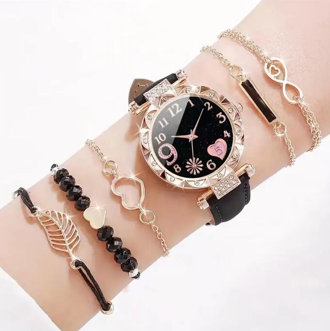Hot 6PCS/Set Watch for Women watches Luxury Leather Analog Ladies Quartz Wrist Watch Women's Elegant Heart Rhinestone Quartz Watch PU
