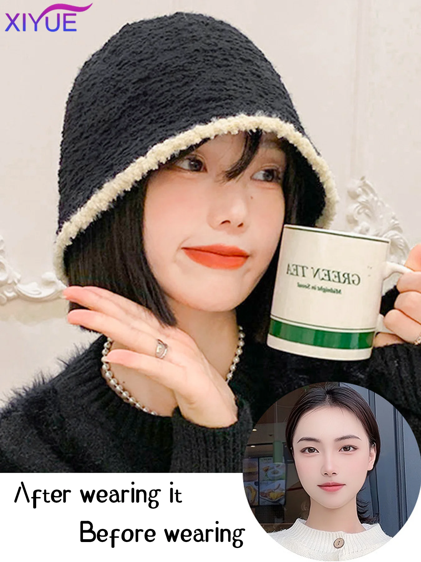 Fisherman's Hat Wig Hair Extensions Hat Wigs Natural Black Synthetic Short Clavicle Hair Warm Autumn Winter Cap Wig