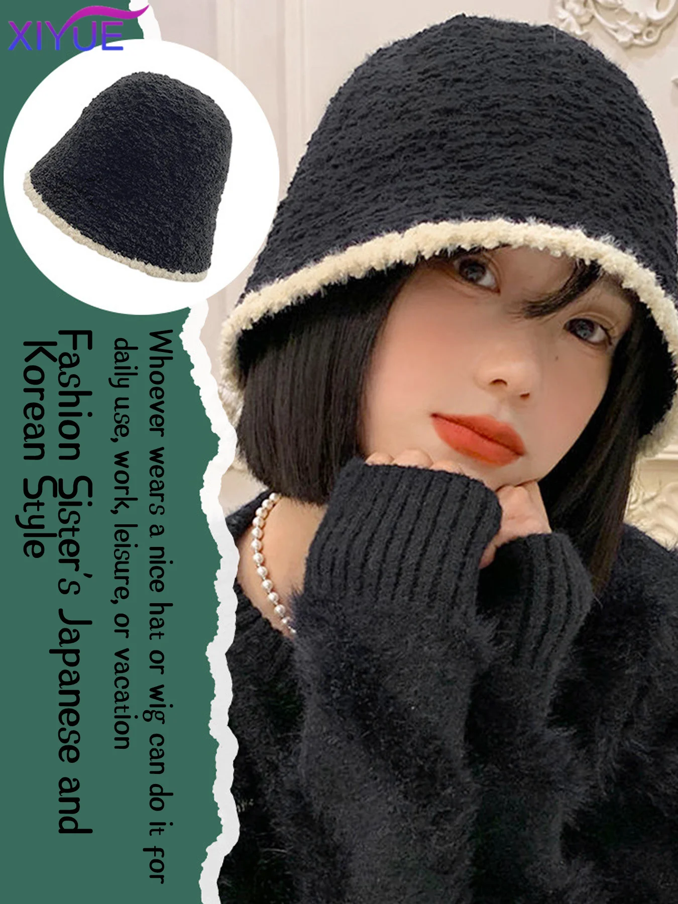 Fisherman's Hat Wig Hair Extensions Hat Wigs Natural Black Synthetic Short Clavicle Hair Warm Autumn Winter Cap Wig