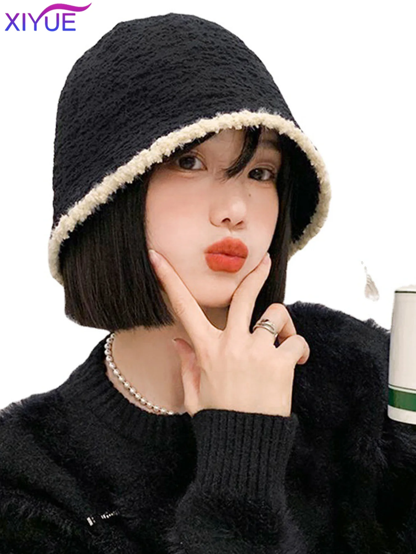 Fisherman's Hat Wig Hair Extensions Hat Wigs Natural Black Synthetic Short Clavicle Hair Warm Autumn Winter Cap Wig