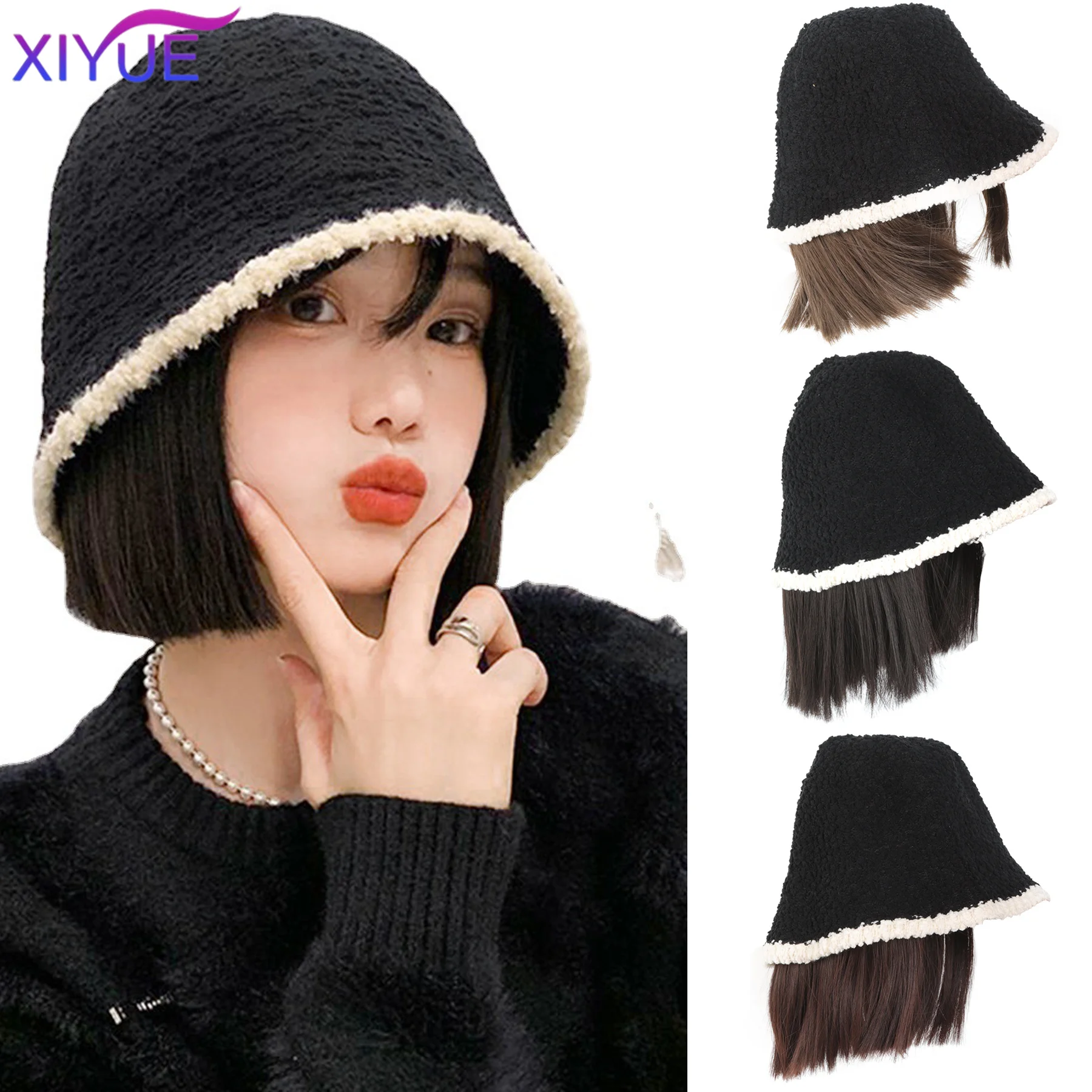 Fisherman's Hat Wig Hair Extensions Hat Wigs Natural Black Synthetic Short Clavicle Hair Warm Autumn Winter Cap Wig