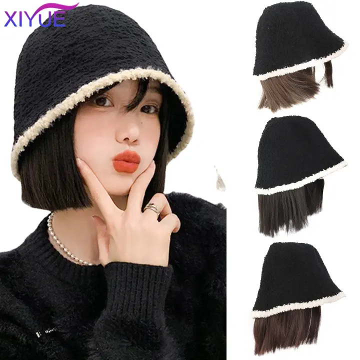 Fisherman's Hat Wig Hair Extensions Hat Wigs Natural Black Synthetic Short Clavicle Hair Warm Autumn Winter Cap Wig