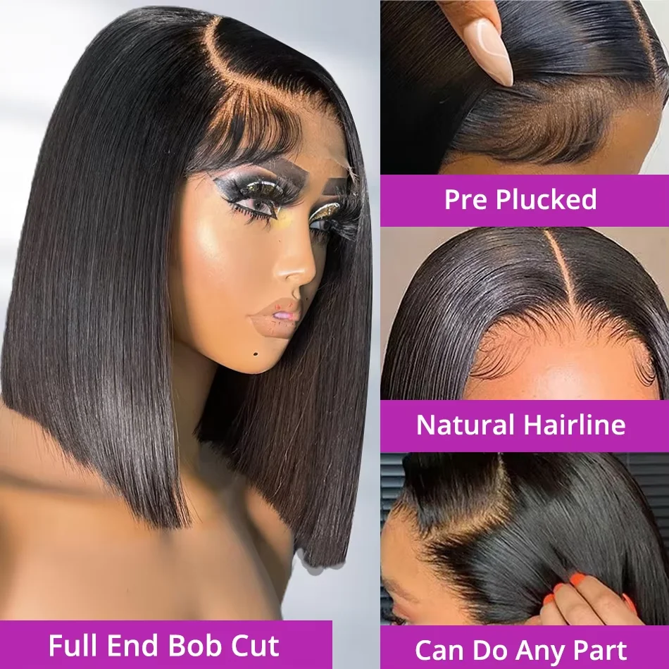 Straight Lace Frontal Bob Wig Pre Plucked 4x4 Human Hair Wigs Brazilian Remy Bone Straight Short Bob Wig For Women 14 Inch