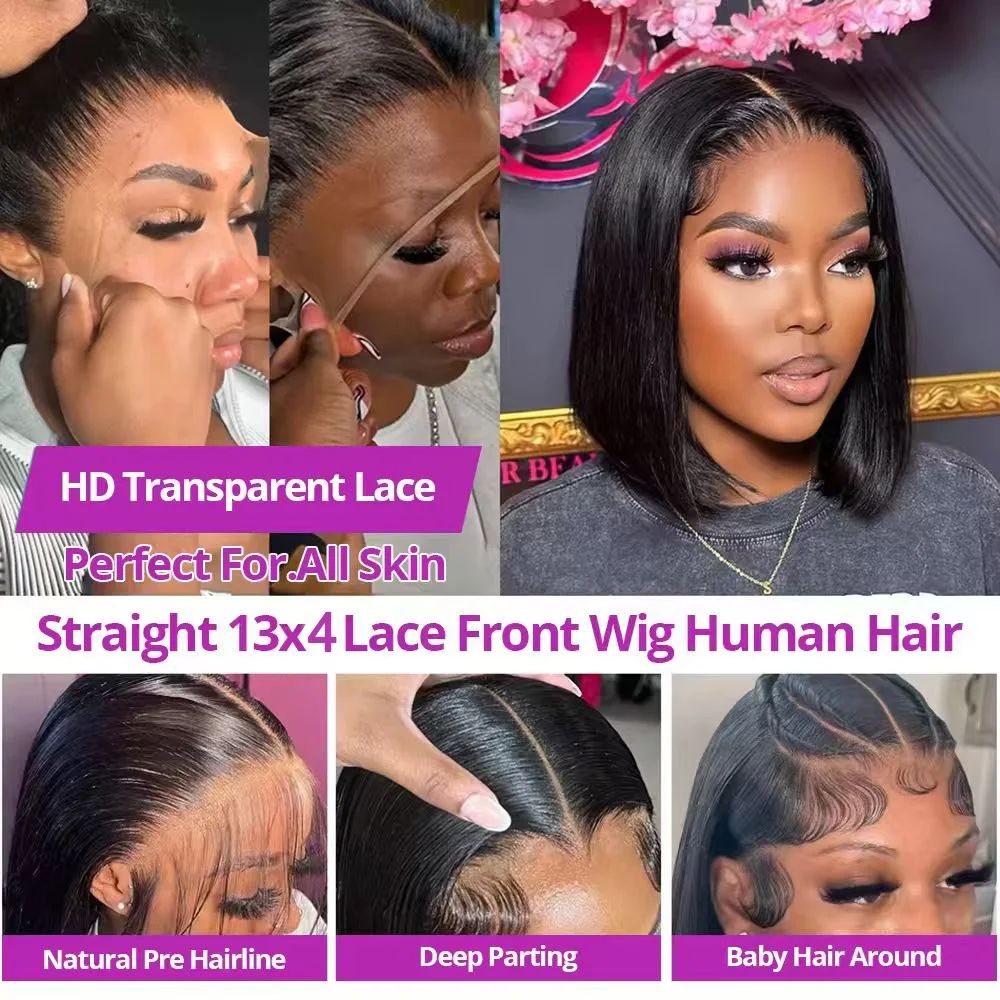 Straight Lace Frontal Bob Wig Pre Plucked 4x4 Human Hair Wigs Brazilian Remy Bone Straight Short Bob Wig For Women 14 Inch