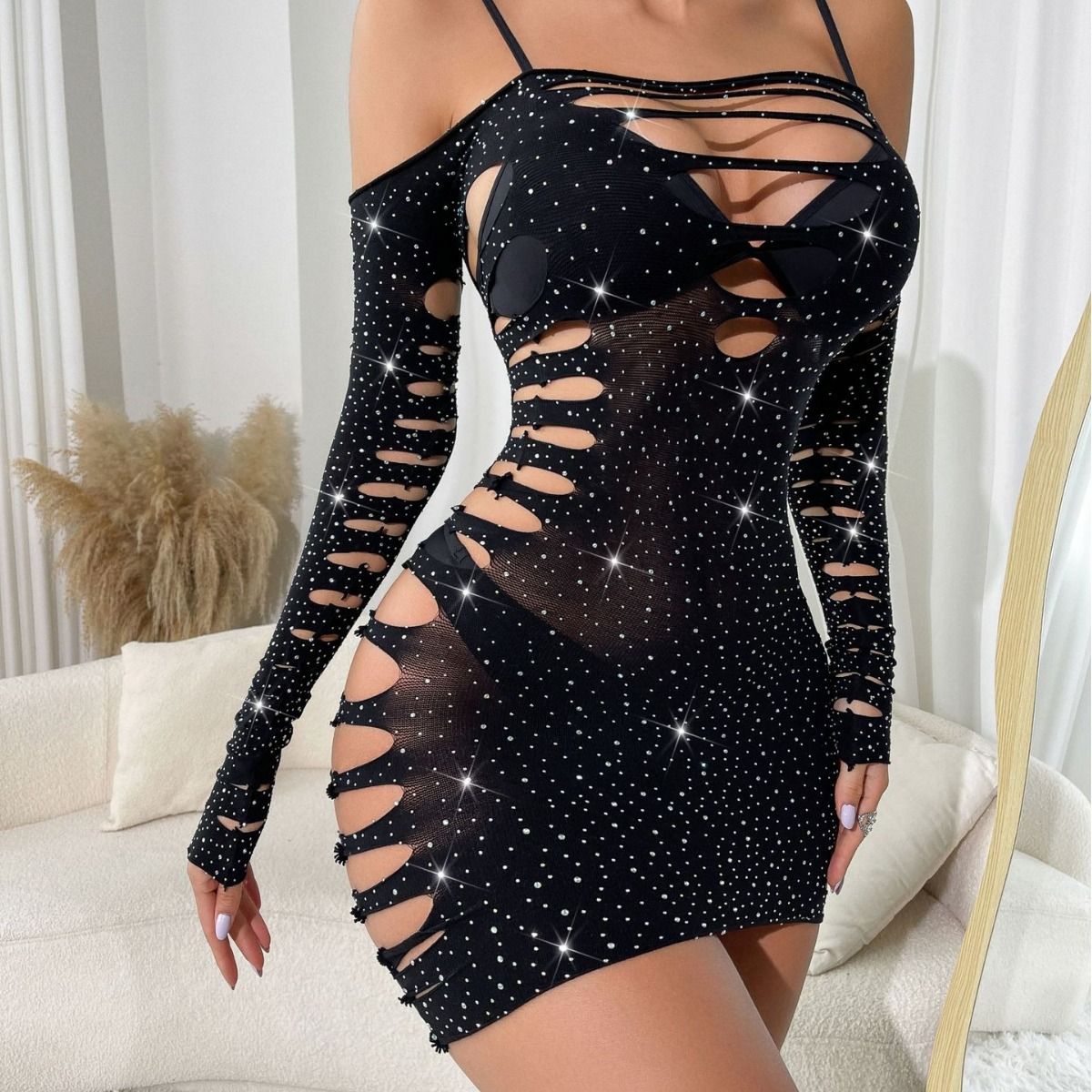 2026 New Women Crystal Crotchless Fishnet Bodystocking Sexy Lingerie Stretch Open Crotch Bodysuit Nightclub Dress Stocking Sleepwear Nightwear for Sex Gift for Girlfriend Wife