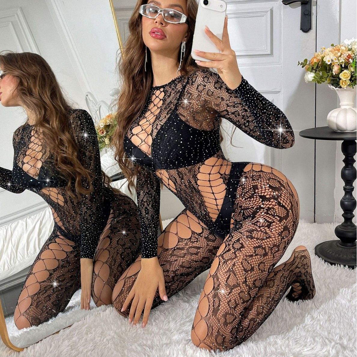 2026 New Women Crystal Crotchless Fishnet Bodystocking Sexy Lingerie Stretch Open Crotch Bodysuit Nightclub Dress Stocking Sleepwear Nightwear for Sex Gift for Girlfriend Wife