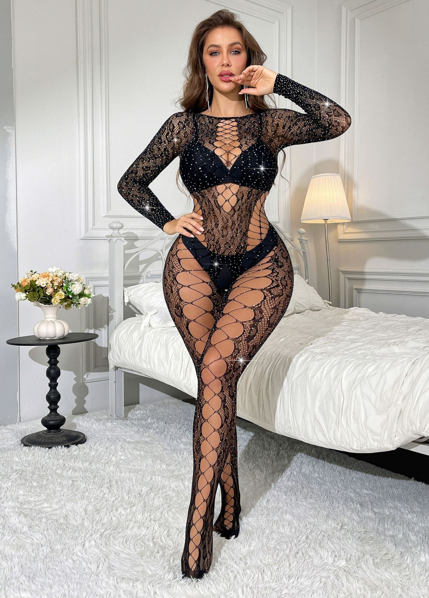 2026 New Women Crystal Crotchless Fishnet Bodystocking Sexy Lingerie Stretch Open Crotch Bodysuit Nightclub Dress Stocking Sleepwear Nightwear for Sex Gift for Girlfriend Wife