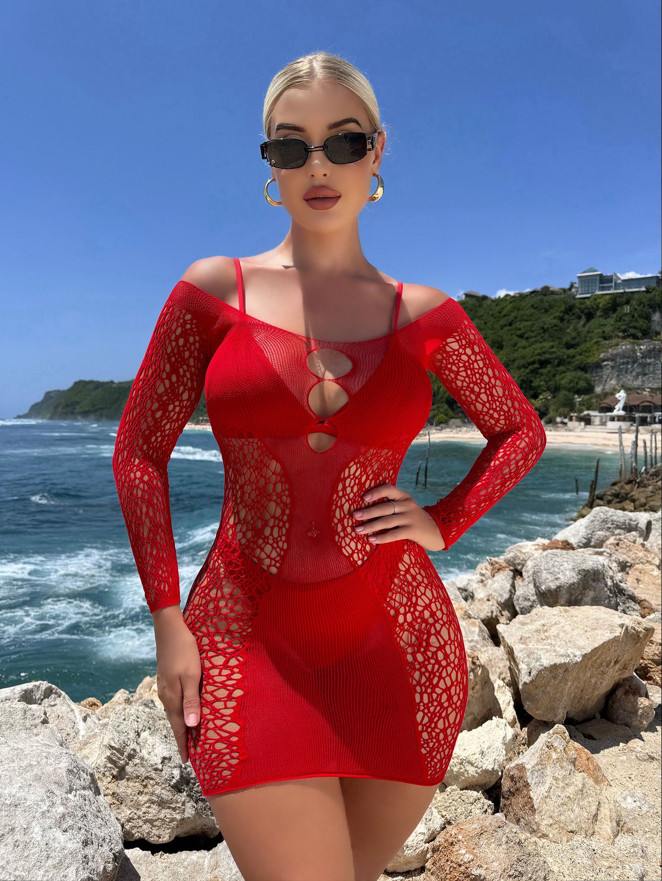 2026 New Red Women Crotchless Fishnet Bodystocking Sexy Lingerie Stretch Open Crotch Bodysuit Nightclub Dress Stocking Sleepwear Nightwear for Sex Gift for Girlfriend Wife