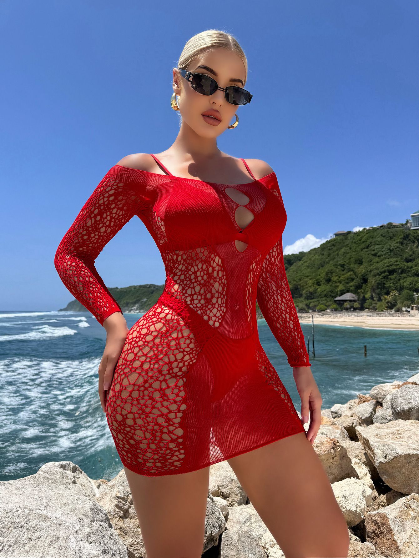 2026 New Red Women Crotchless Fishnet Bodystocking Sexy Lingerie Stretch Open Crotch Bodysuit Nightclub Dress Stocking Sleepwear Nightwear for Sex Gift for Girlfriend Wife