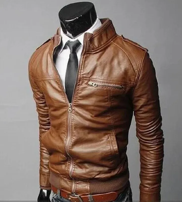 Men's Stand Collar Business Casual Slim Pu Jacket Motorcycle Jacket Tops > Jackets & Coats