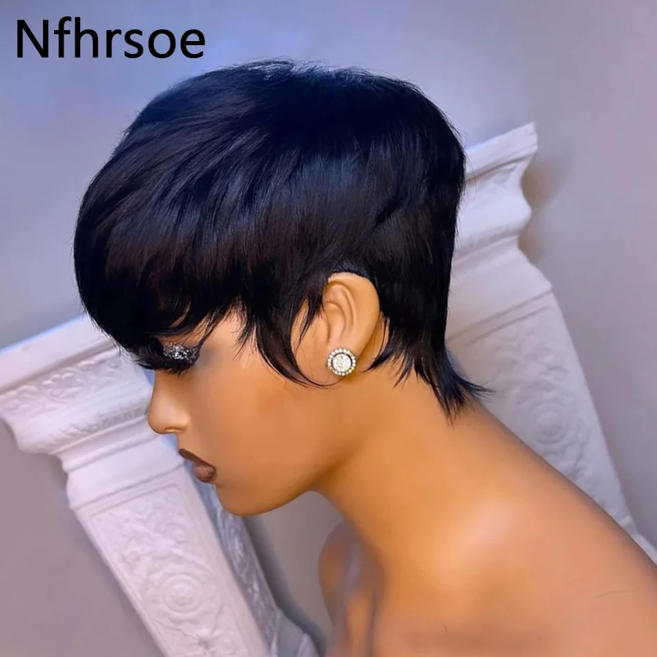 Pixie Cut Wig Human Hair Short Straight Bob Wigs For Black Women With Bangs Brazilian Virgin Hair Non Lace Front Cheap Wig Black
