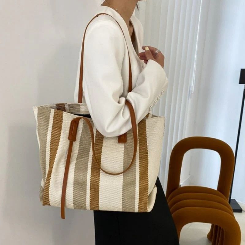 Mateamoda Stylish Vintage Striped Soft Canvas Tote Bag
