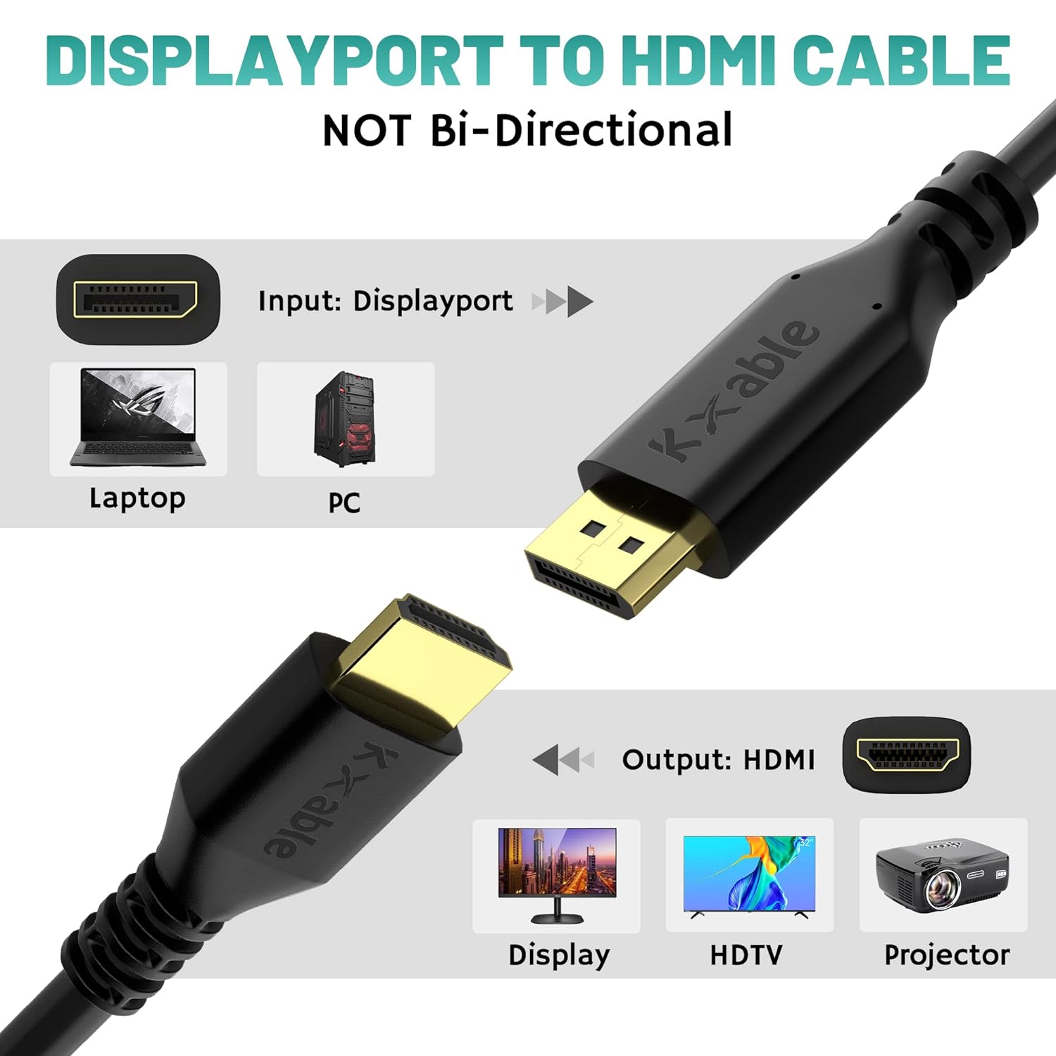 1METER DisplayPort to HDMI Display Cable, Uni-Directional, 4k@30Hz, 1920x1200, 1080p, Gold-Plated Plugs, 6 Foot