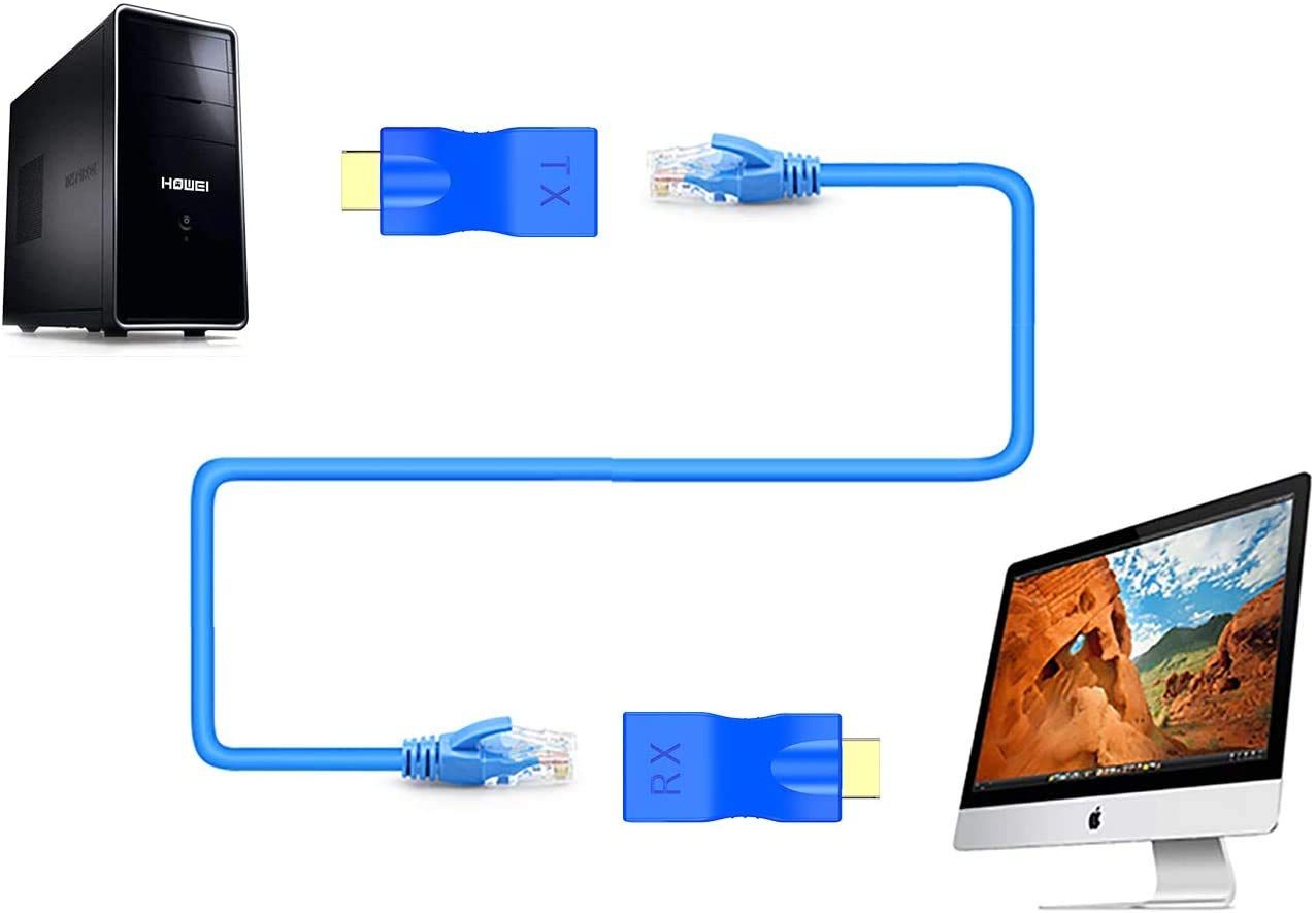 HDMI HDTV Extender, 1080P to RJ45 Ethernet Network Signal Extender Transmitter and Receiver Adapter Over by Single CAT6 6A Cable 100ft / 30m for HDTV HDPC STB