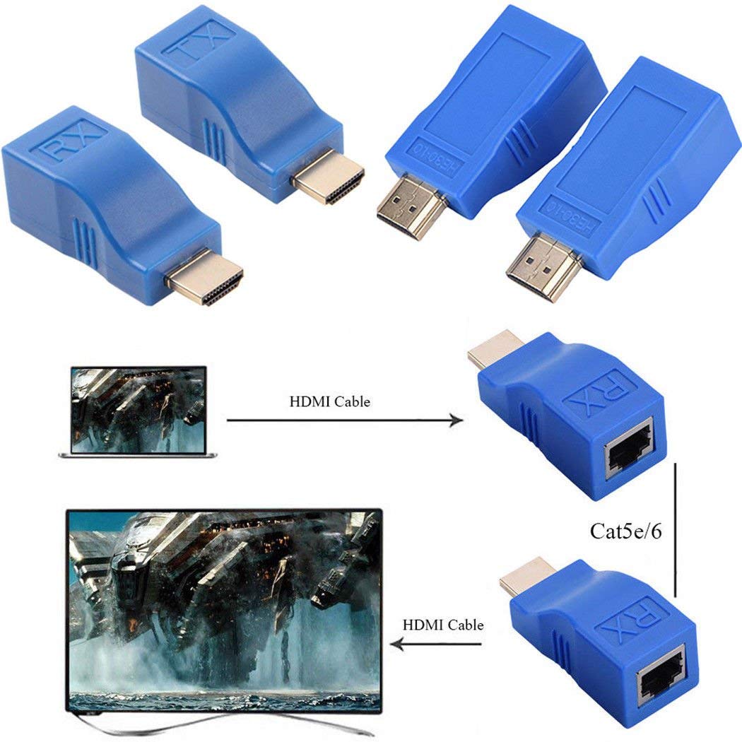 HDMI HDTV Extender, 1080P to RJ45 Ethernet Network Signal Extender Transmitter and Receiver Adapter Over by Single CAT6 6A Cable 100ft / 30m for HDTV HDPC STB