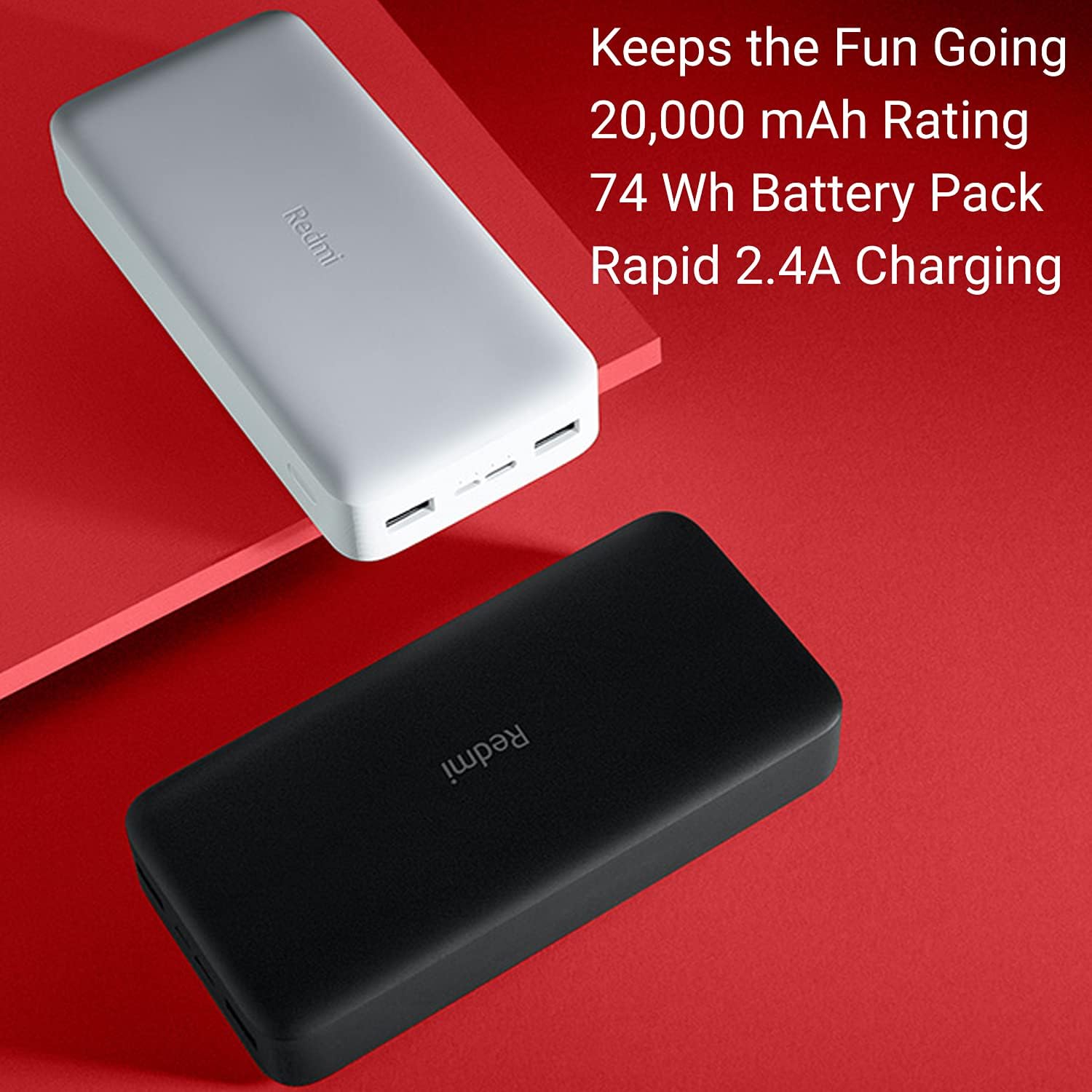 MI 20000mAh XIAOMI Redmi PowerBank 74Wh 18W 3.6A Rapid Charging Dual USB Outputs for Two Devices at Once, microUSB & USB-C Input, Portable Travel Charger iPhone iPad Samsung Smartphone & Gaming Device