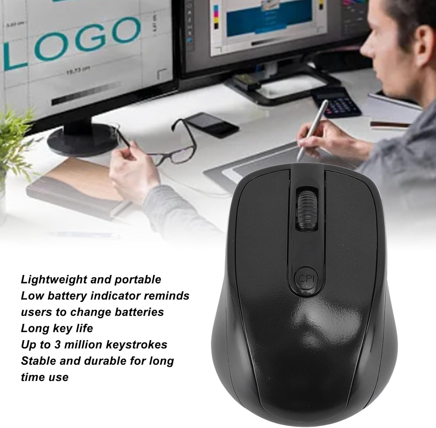 WIRELESS Cordless Mouse, 2.4G Ergonomic Cordless Mouse for Laptop Cordless Optical Mice with USB Receiver Compatible with PC Computer Notebook TV (Black) + AAA BATTRIES
