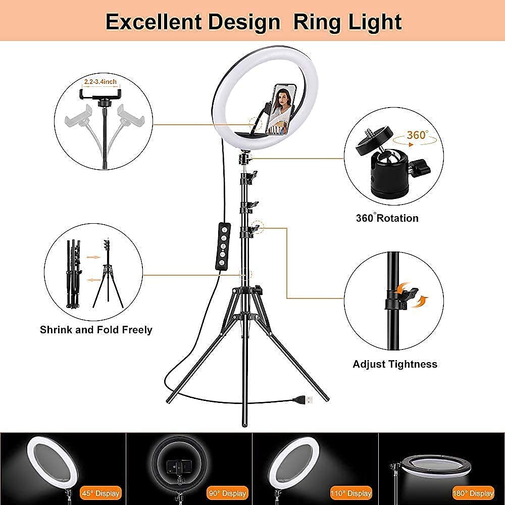 12 Inch Ring Light with 82" Tripod 2500K-8500K Dimmable LED RingLight 3 Color Modes 10 Brightness Level for YouTube Live TikTok Video WITH 2.1 HEAVY DUTY TRIPOD STAND Recording 12INCH