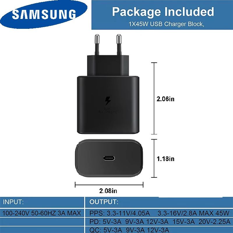 SAMSUNG 45W USB-C EU Super Fast Charging ADAPTER For Galaxy S23 S21 S22 S20 Note 20 Ultra 10 Plus Z Flip Fold 4 3 2 A73 - ADAPTER ALONE