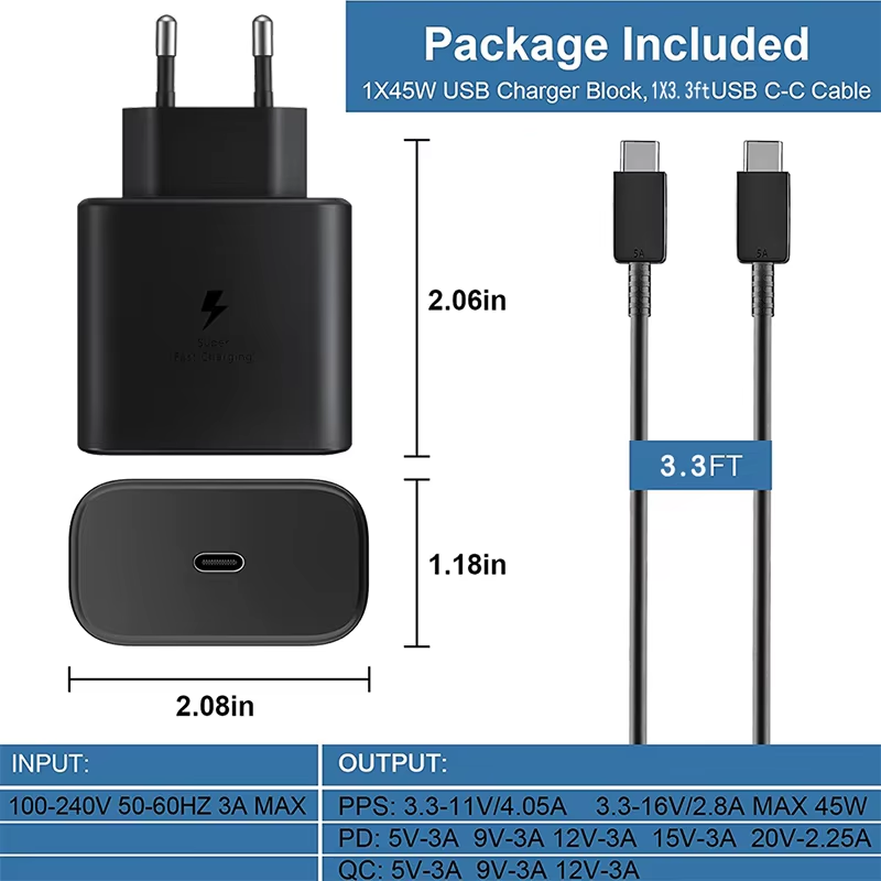 SAMSUNG 45W USB-C EU  WITH 5A USB C - USB TYPE C CABLESuper Fast Charging ADAPTER For Galaxy S23 S21 S22 S20 Note 20 Ultra 10 Plus Z Flip Fold 4 3 2 A73 - COMPLETE CHARGER