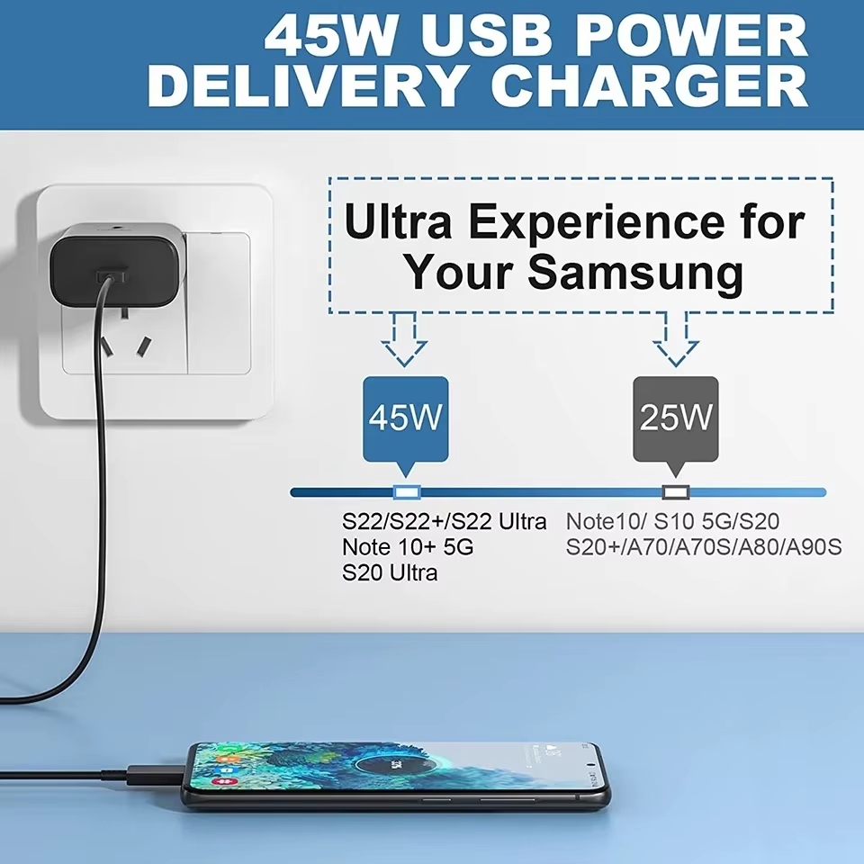 SAMSUNG 45W USB-C EU  WITH 5A USB C - USB TYPE C CABLESuper Fast Charging ADAPTER For Galaxy S23 S21 S22 S20 Note 20 Ultra 10 Plus Z Flip Fold 4 3 2 A73 - COMPLETE CHARGER