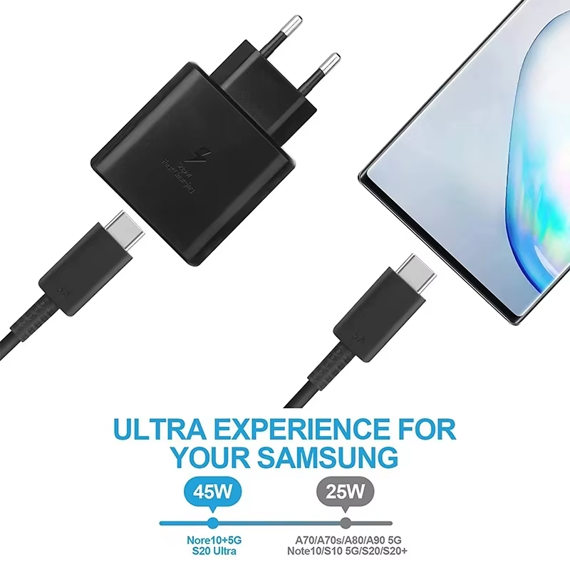SAMSUNG 45W USB-C EU  WITH 5A USB C - USB TYPE C CABLESuper Fast Charging ADAPTER For Galaxy S23 S21 S22 S20 Note 20 Ultra 10 Plus Z Flip Fold 4 3 2 A73 - COMPLETE CHARGER