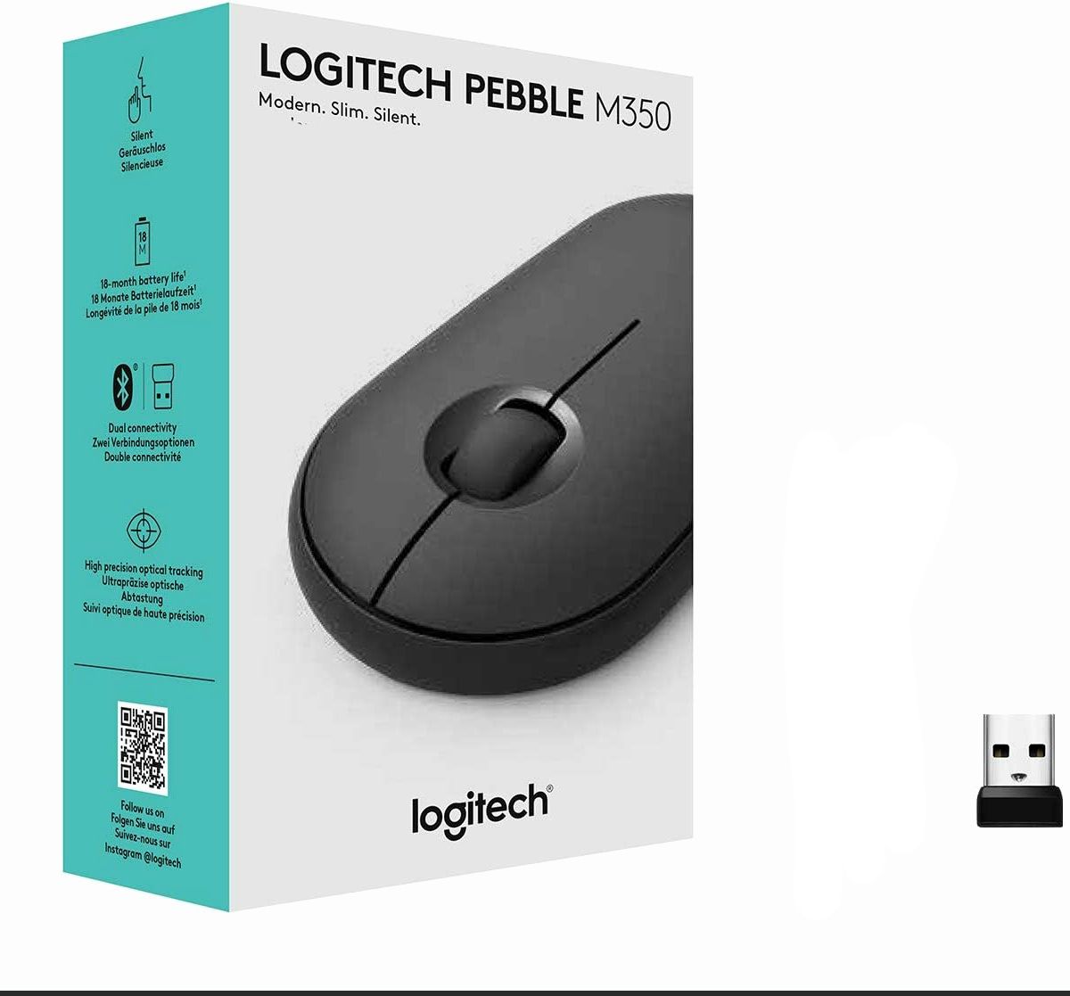 Logitech m350 Pebble Wireless Mouse with Bluetooth or 2.4 GHz Receiver, Silent, Slim Computer Mouse with Quiet Clicks, for Laptop/Notebook/iPad/PC/Mac/Chromebook - Graphite