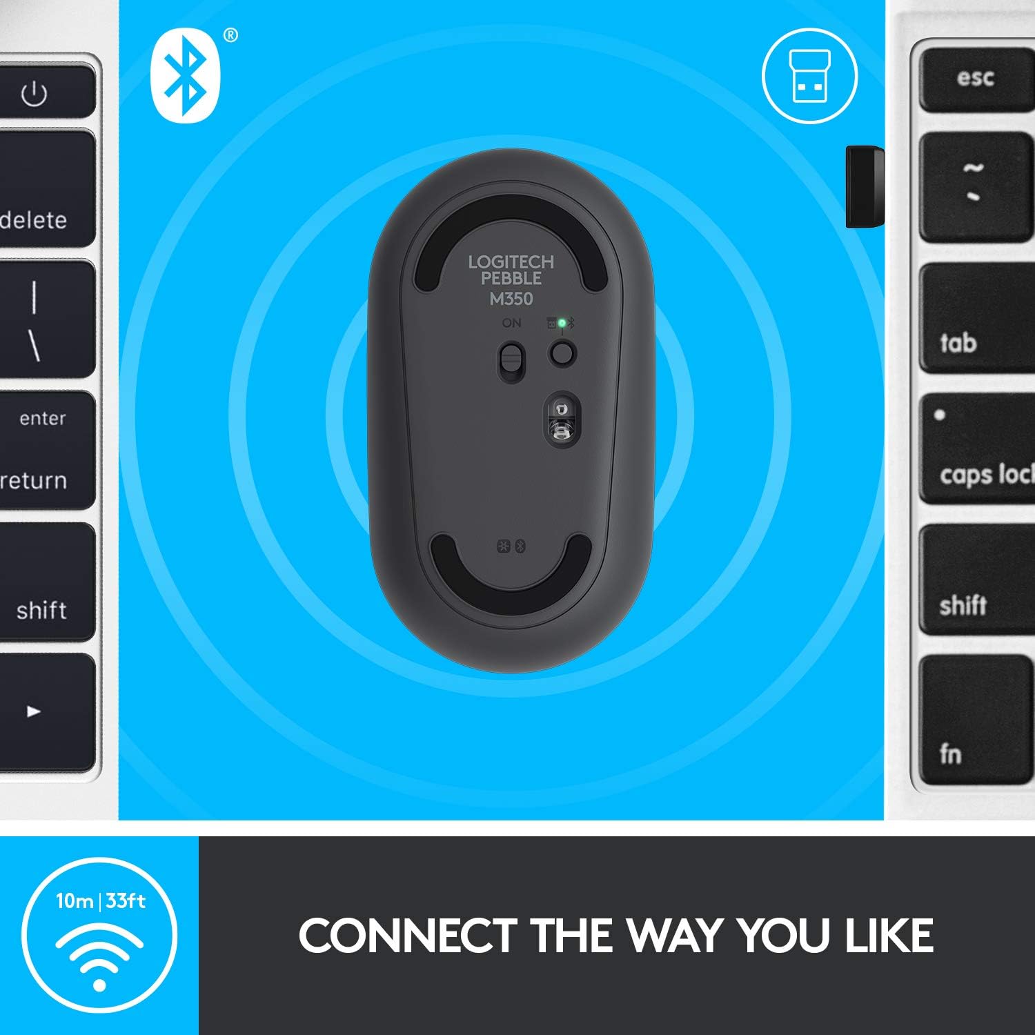 Logitech m350 Pebble Wireless Mouse with Bluetooth or 2.4 GHz Receiver, Silent, Slim Computer Mouse with Quiet Clicks, for Laptop/Notebook/iPad/PC/Mac/Chromebook - Graphite